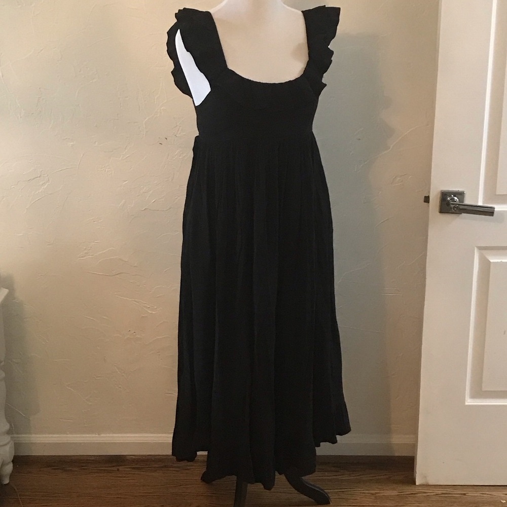 Chic Black Windowpane Midi Dress with Square Neck, Ruffle Sleeves and Back Bow